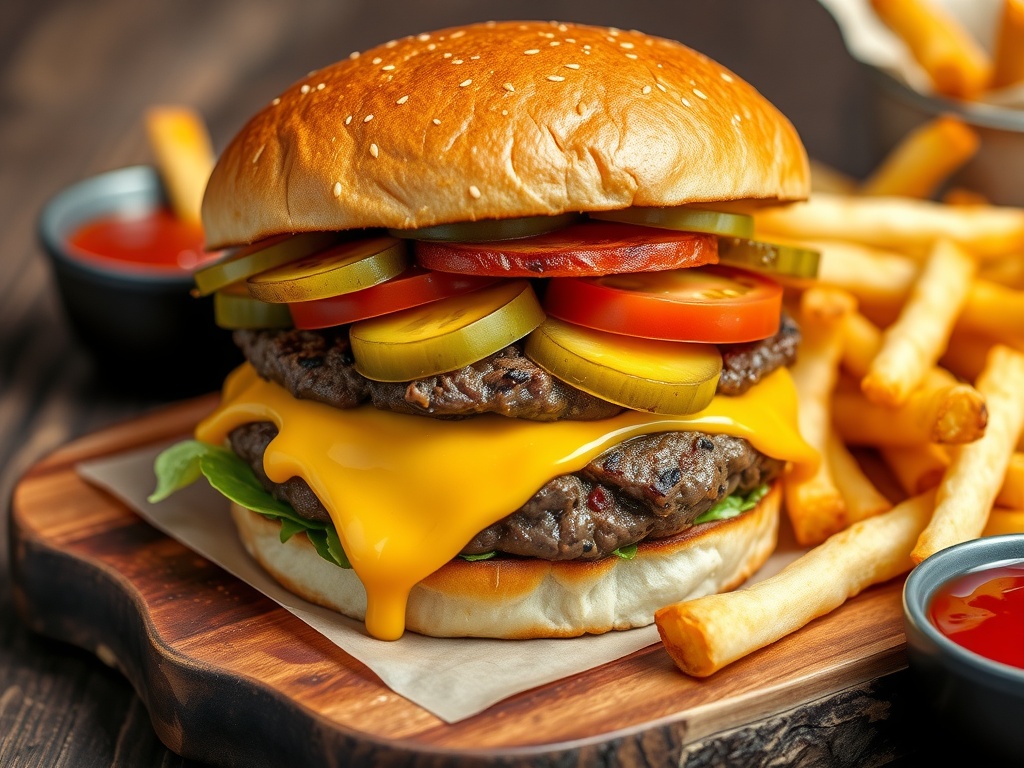 Juicy and Flavorful Beef Cheeseburger Recipe Juicy beef cheeseburger with melted cheese, fresh toppings, and fries on a wooden board.